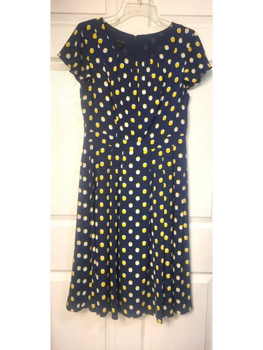 Womens Talbots Navy Blue Yellow/White Polka Dot Midi Dress 4 Pleats Chiffon Zip